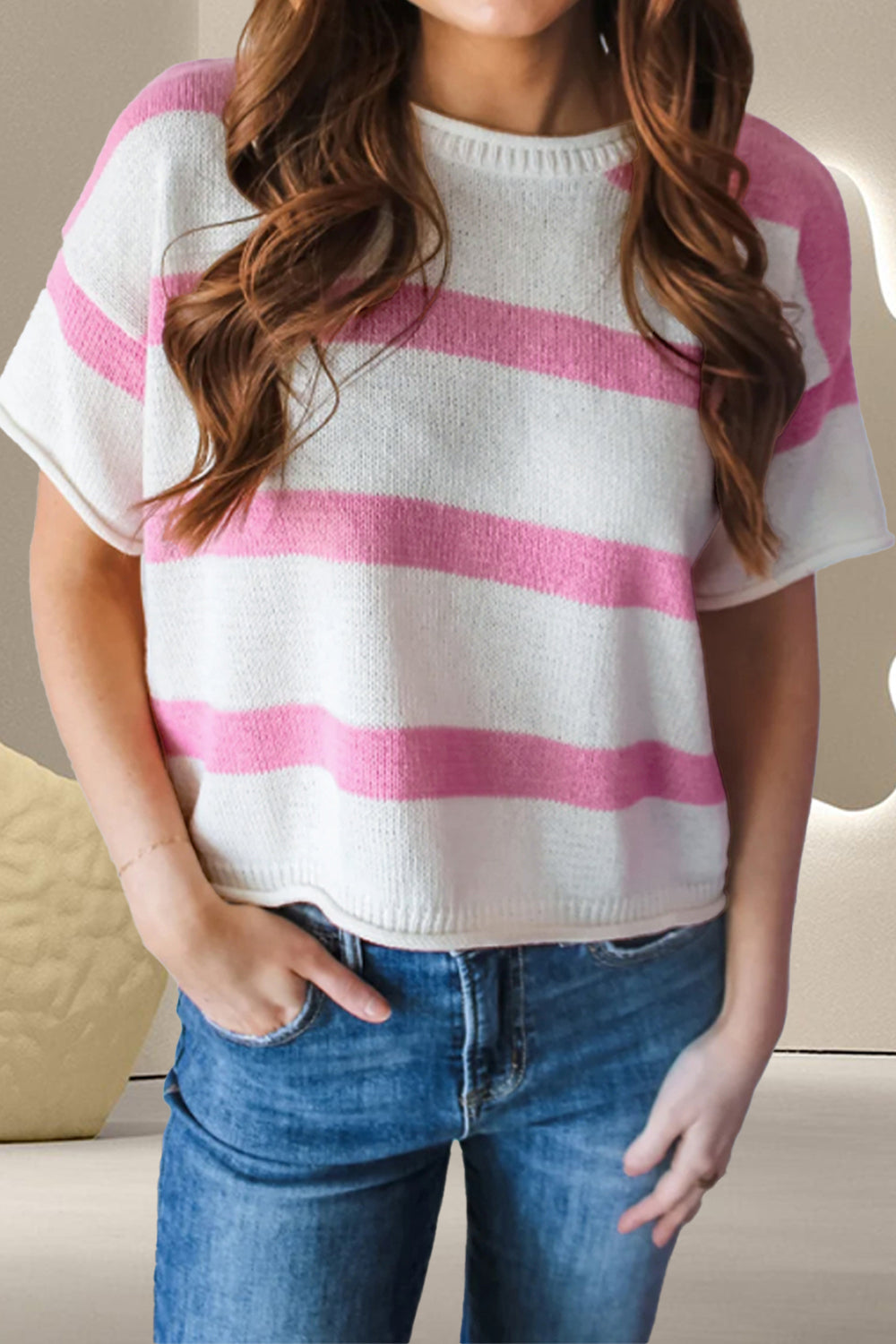 Striped Round Neck Short Sleeve Knit Top