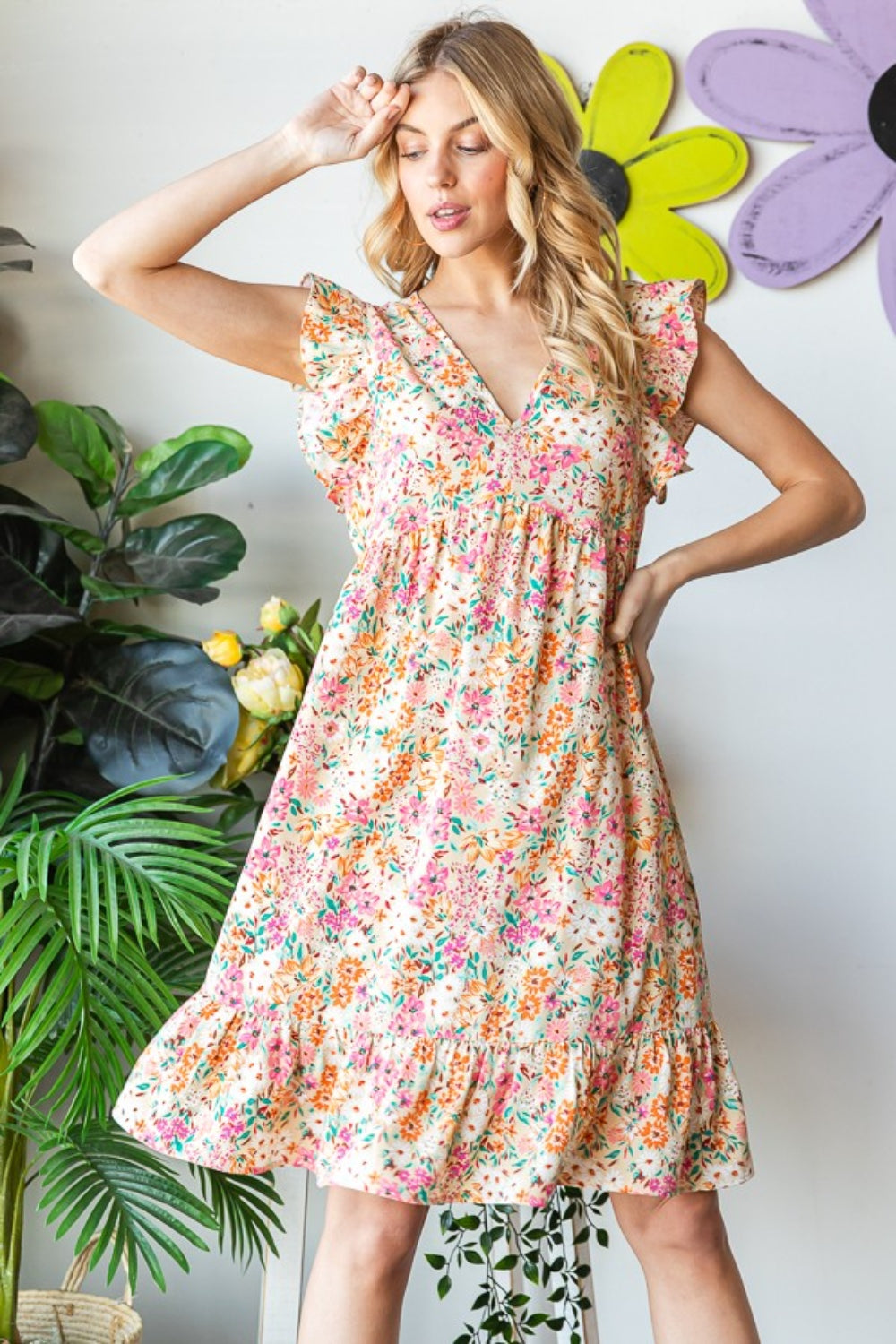 Heimish Floral Ruffled V-Neck Dress