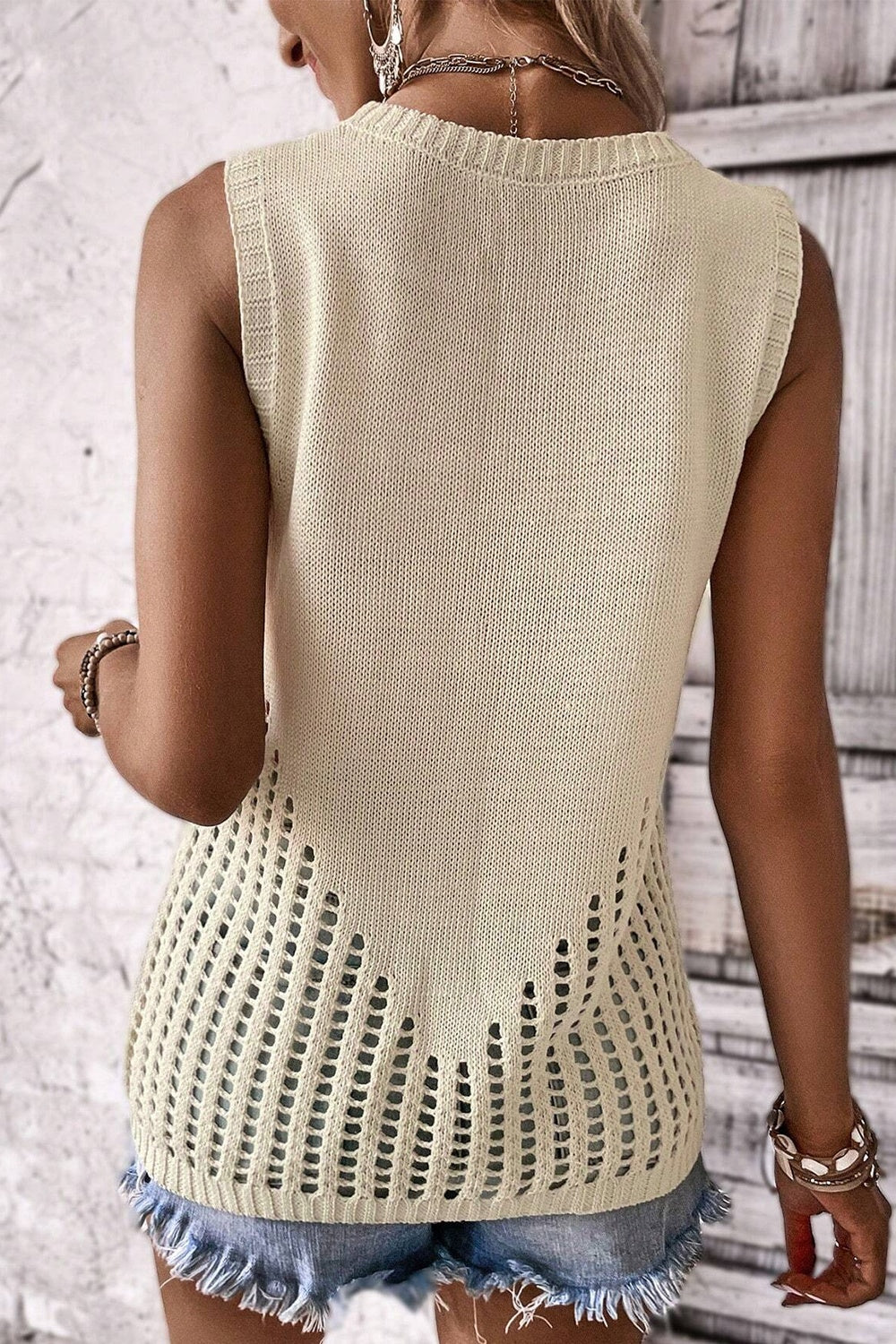 Openwork Round Neck Knit Vest