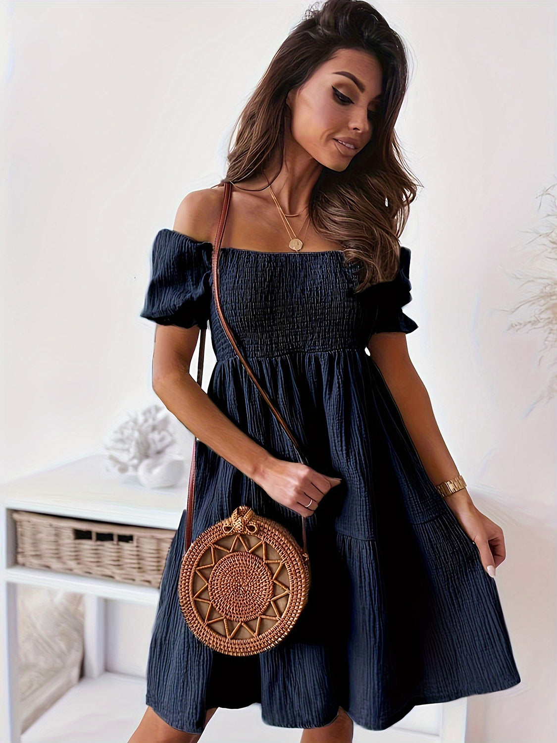 Ruffled Off-Shoulder Short Sleeve Dress