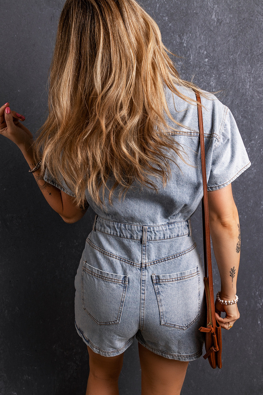 Collared Neck Short Sleeve Denim Romper