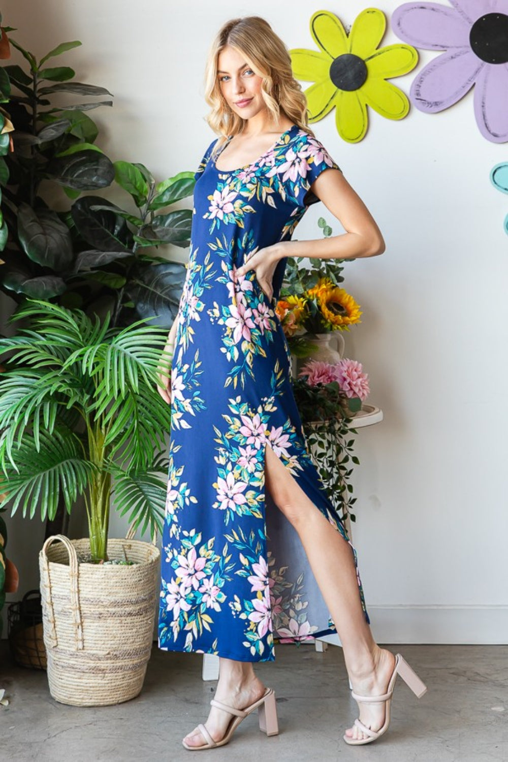 Heimish Floral Short Sleeve Slit Dress