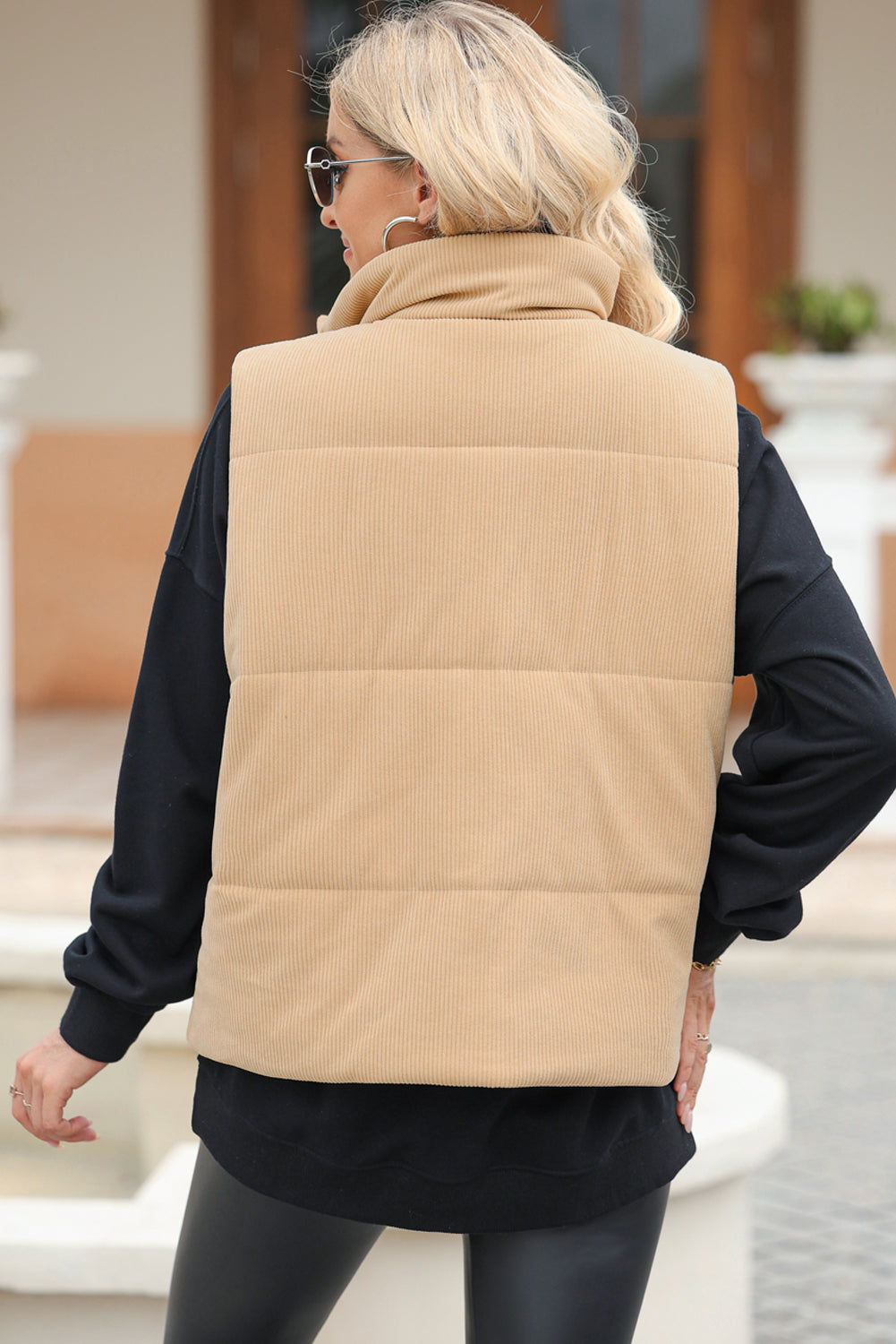 Pocketed Zip Up Turtleneck Vest Coat