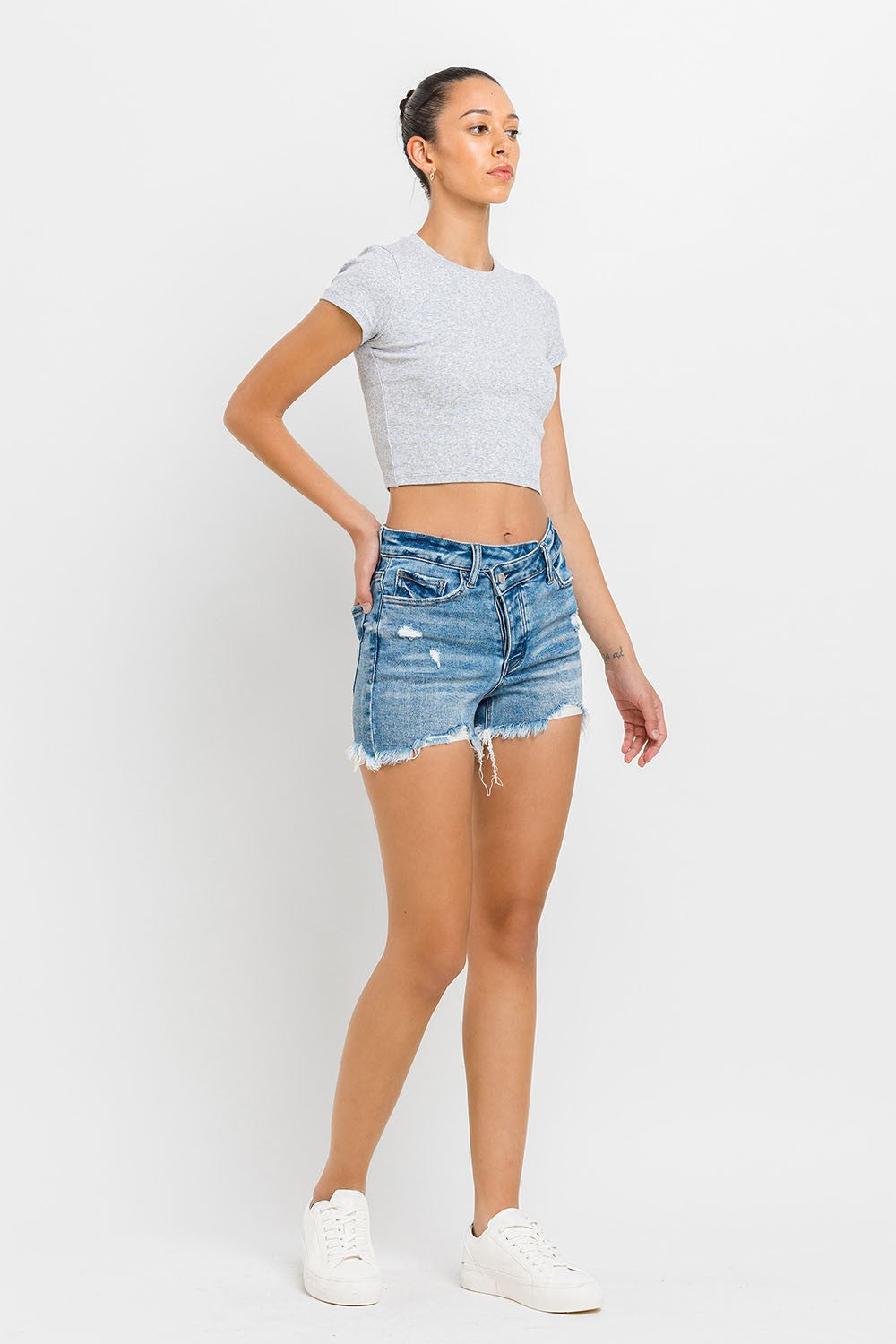 Lovervet Stepped Waist Raw Hem Denim Shorts