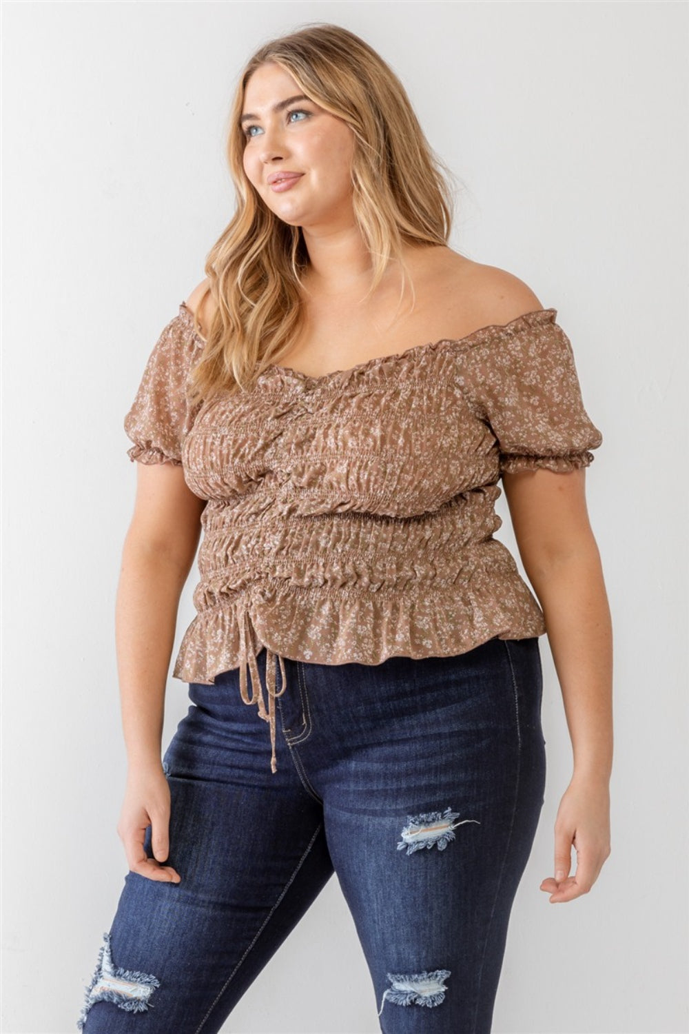 Zenobia Frill Ruched Off-Shoulder Short Sleeve Blouse