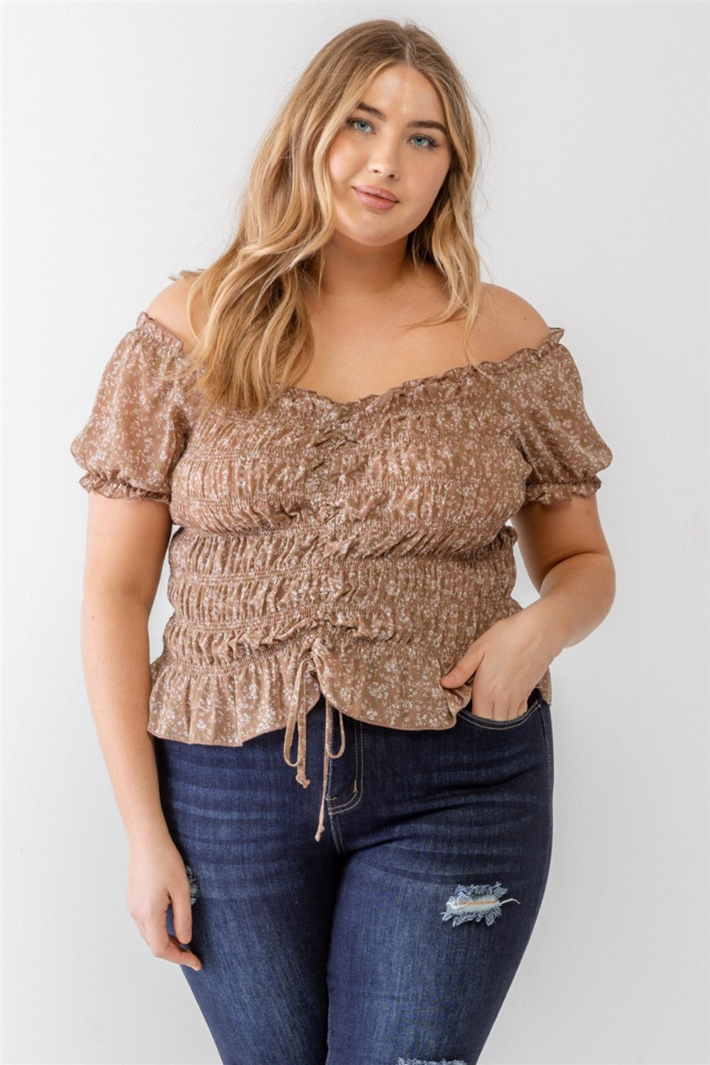 Zenobia Frill Ruched Off-Shoulder Short Sleeve Blouse