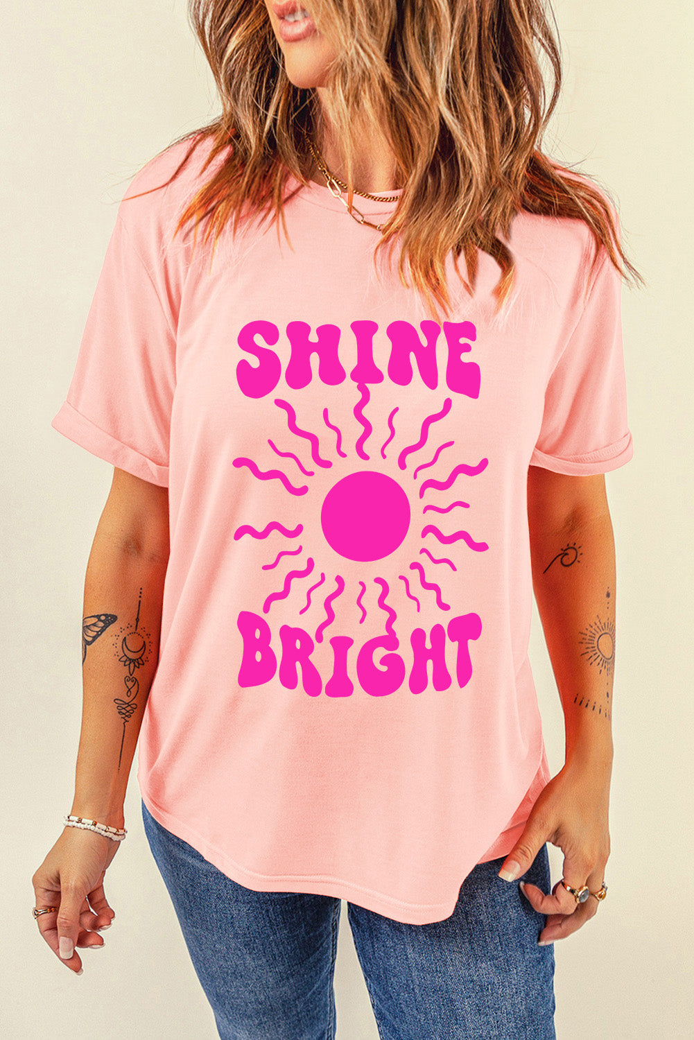 SHINE BRIGHT Round Neck Short Sleeve T-Shirt