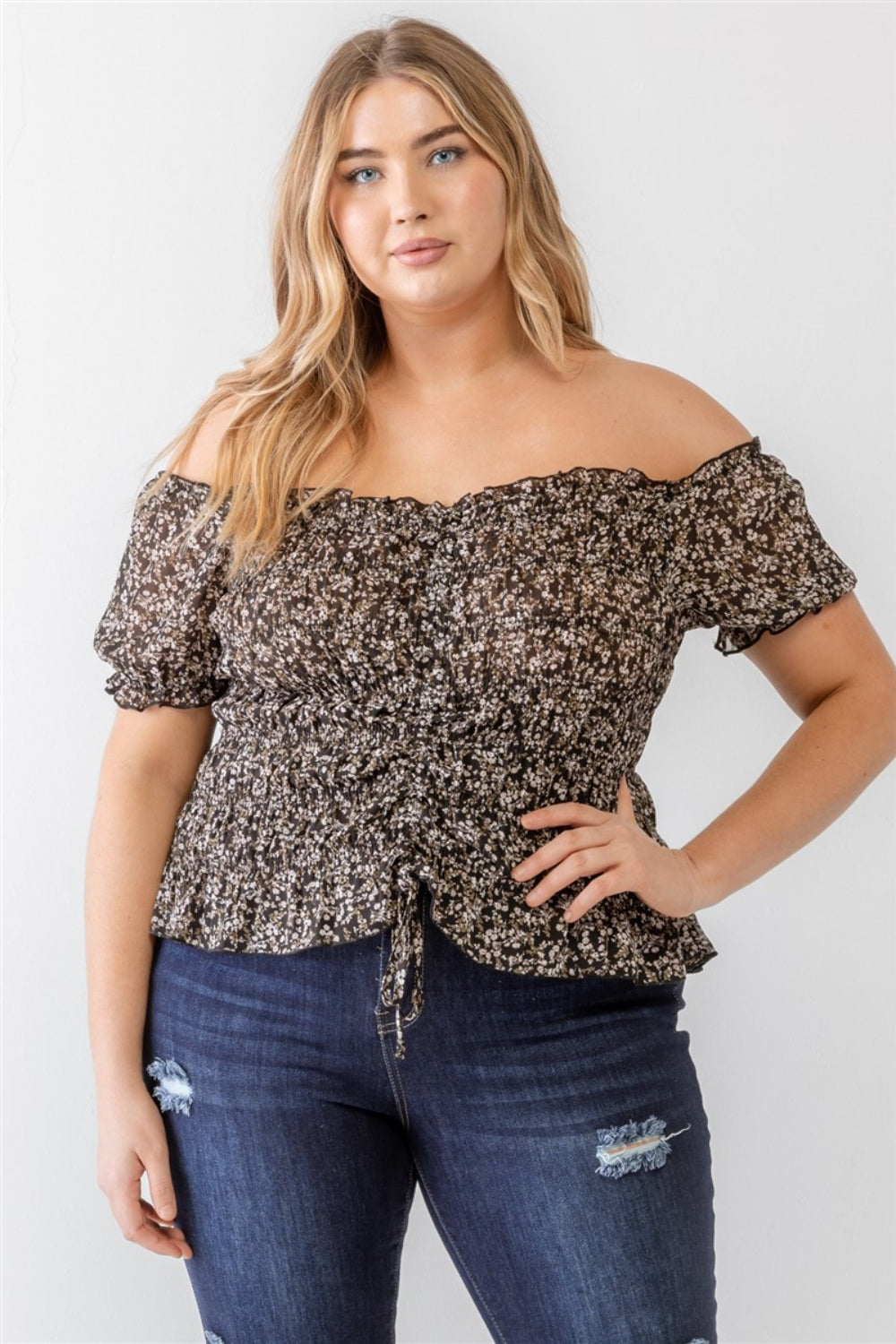 Zenobia Frill Ruched Off-Shoulder Short Sleeve Blouse