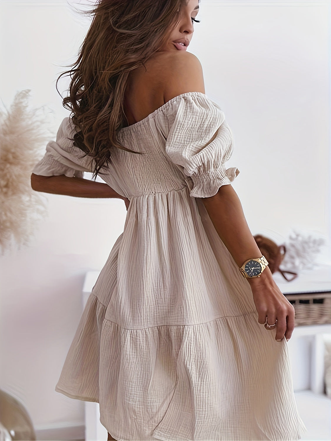 Ruffled Off-Shoulder Short Sleeve Dress