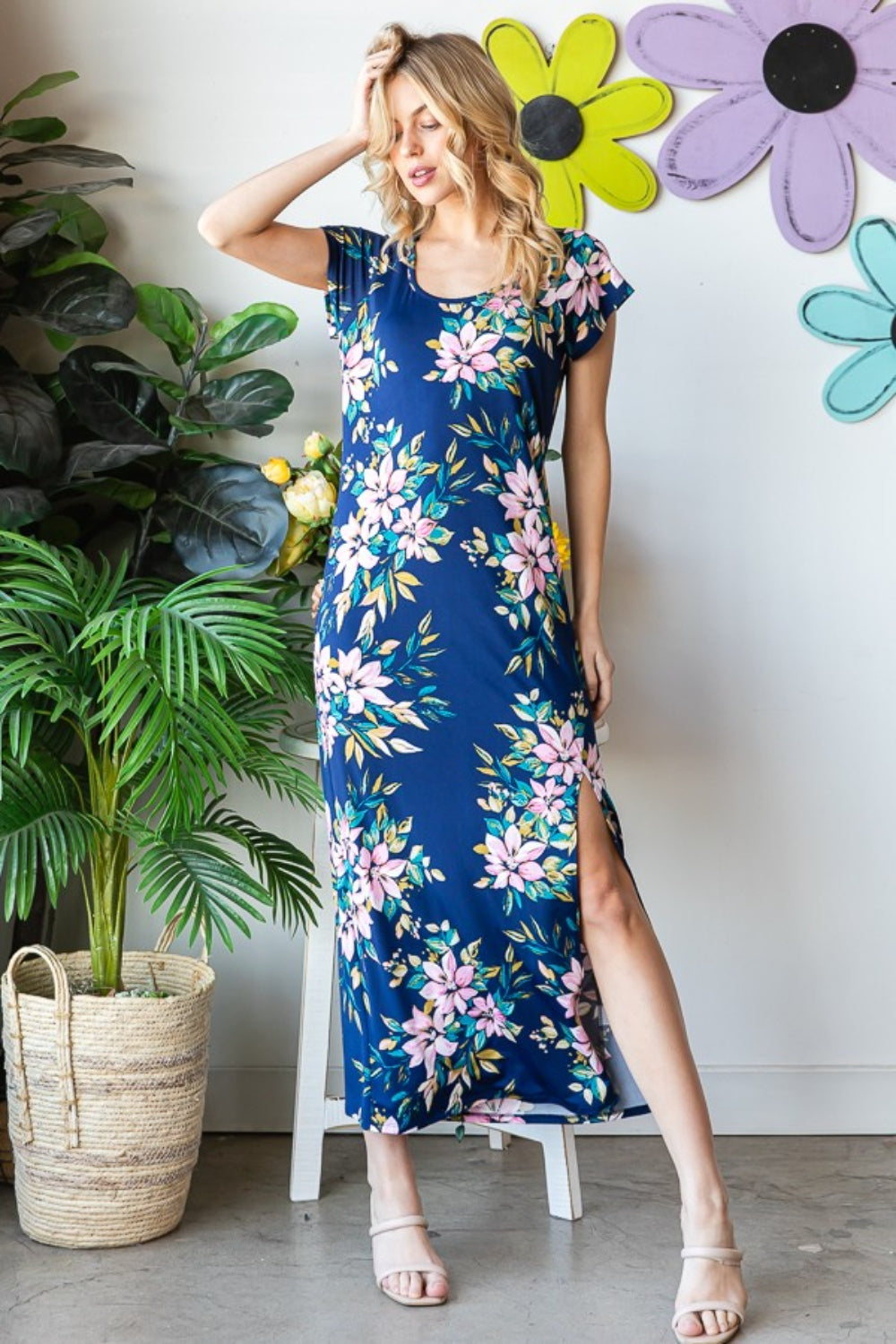 Heimish Floral Short Sleeve Slit Dress