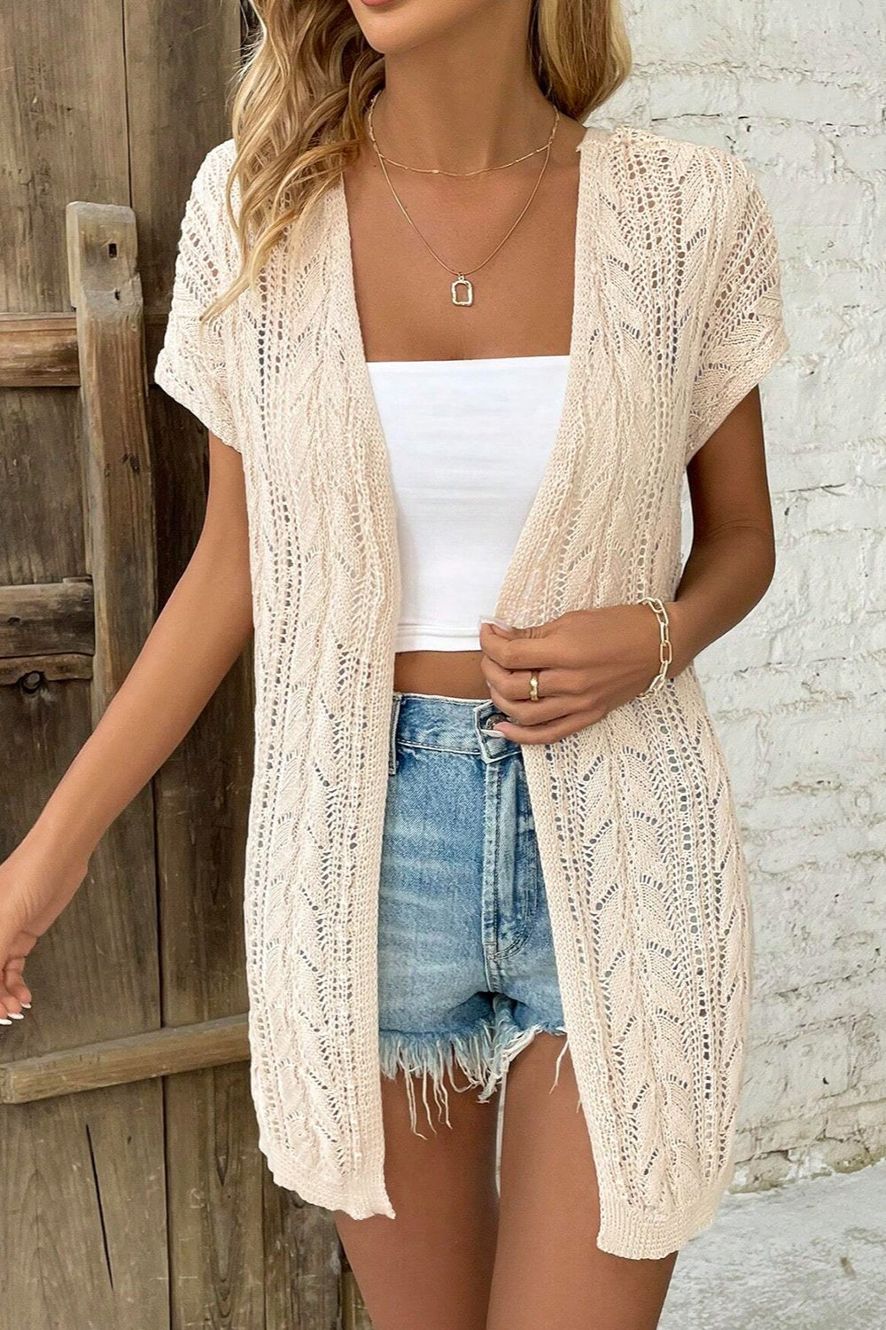 Openwork Open Front Short Sleeve Cardigan