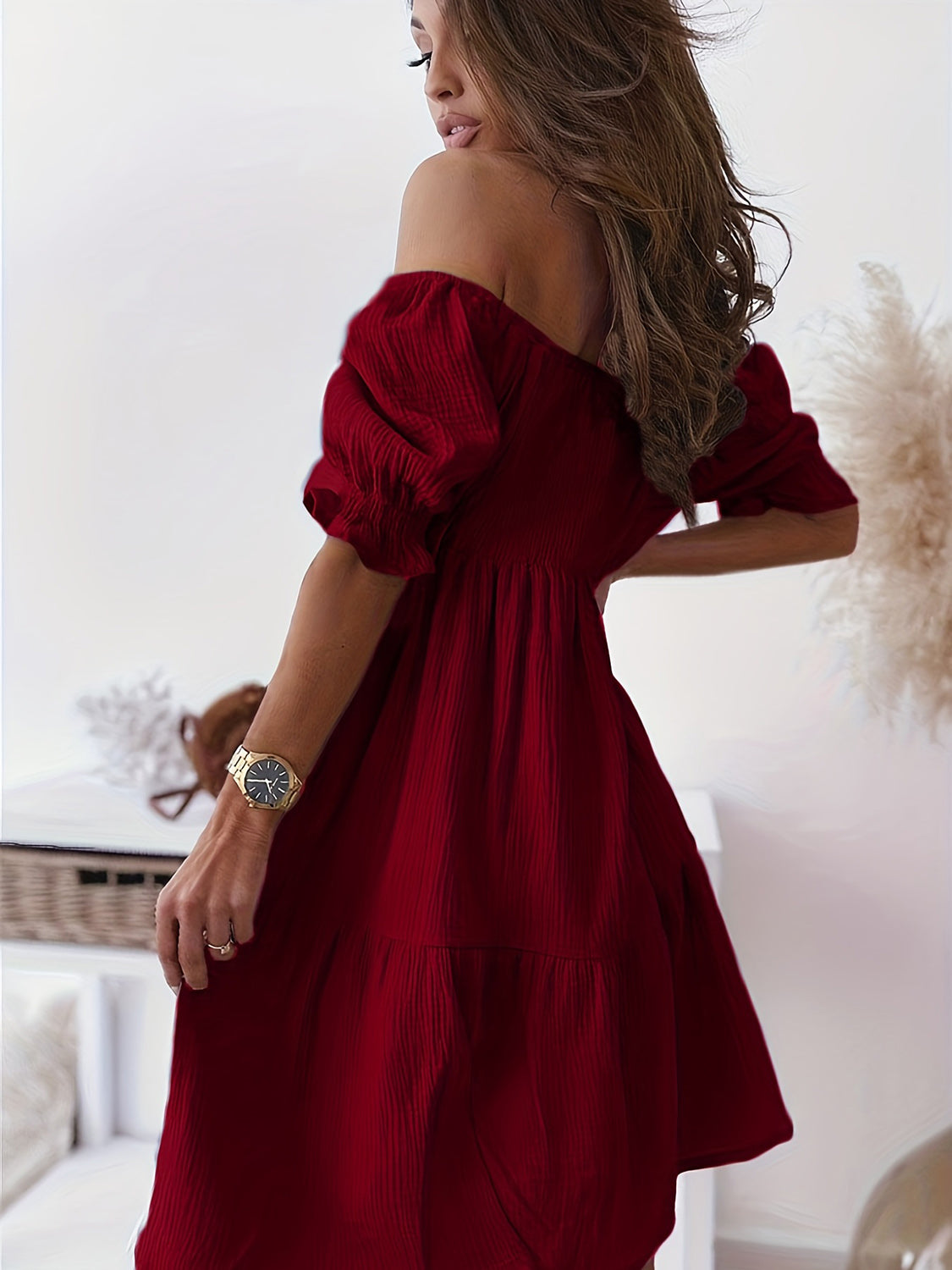 Ruffled Off-Shoulder Short Sleeve Dress