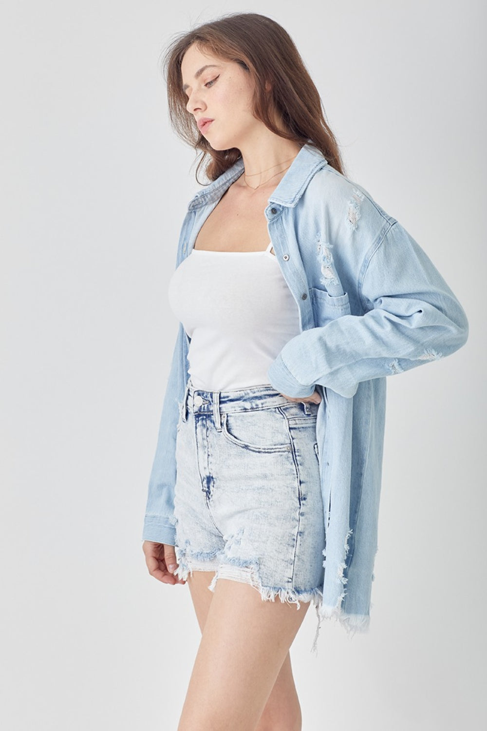 RISEN Distressed High Rise Denim Shorts