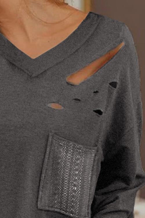 Distressed V-Neck Long Sleeve T-Shirt With Pockets