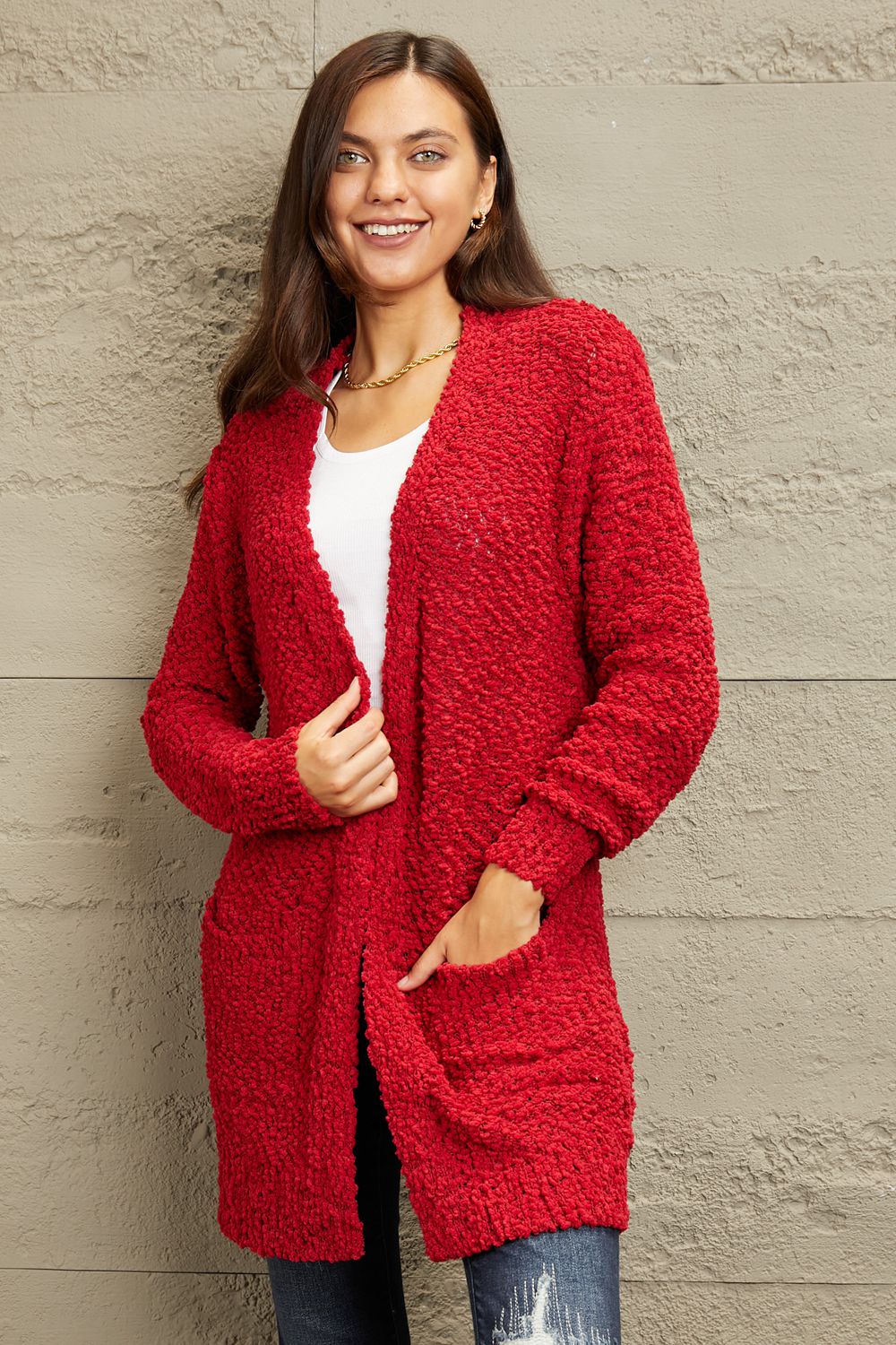 Zenana Open Front Popcorn Cardigan