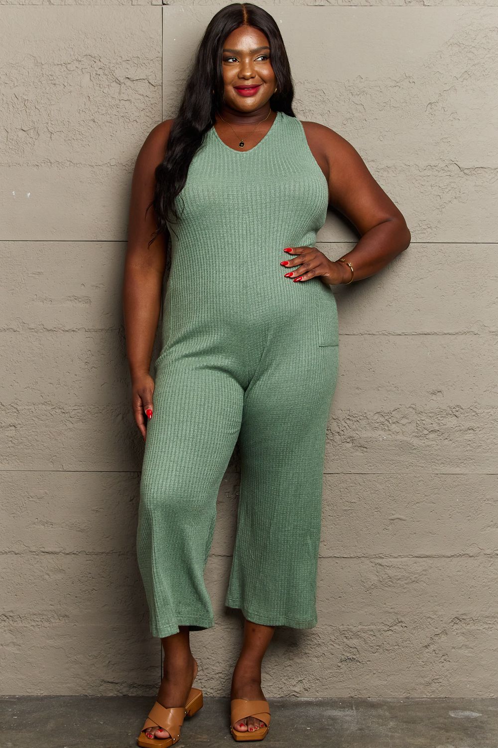 Don't Get It Twisted Rib Knit Jumpsuit-Sage