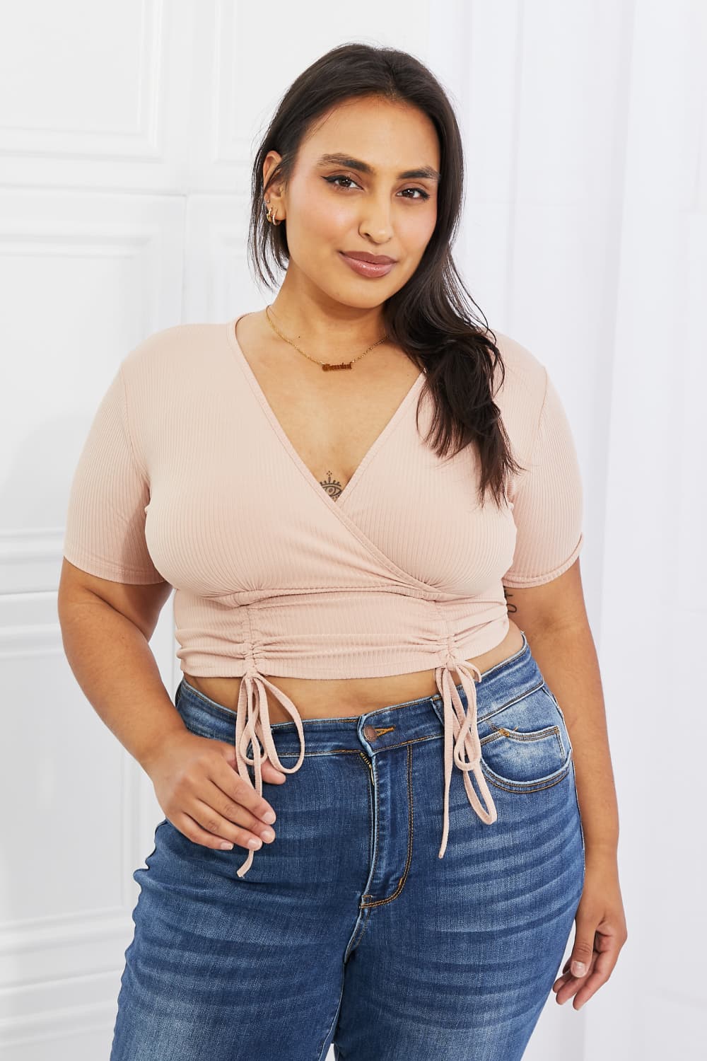 Capella Ribbed Front Scrunched Top in Blush