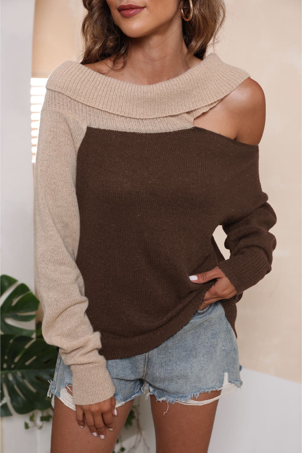 Long Sleeve Two-Tone Cutout Sweater