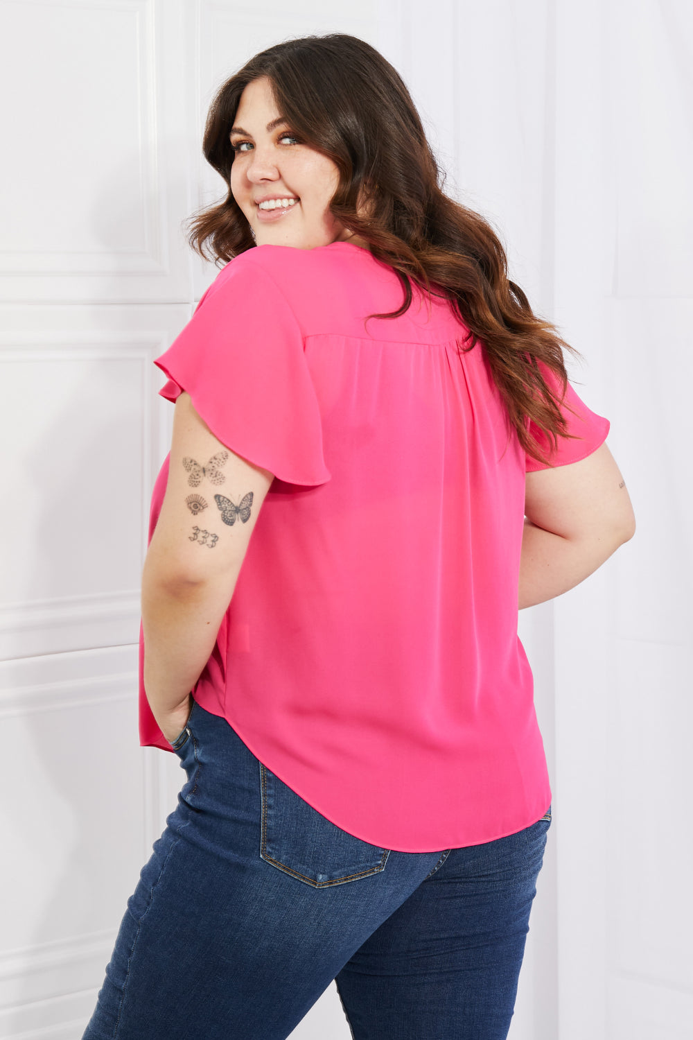 Just For You Short Ruffled sleeve length Top in Hot Pink