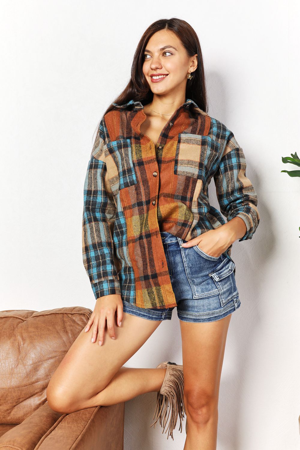 Plaid Curved Hem Shirt