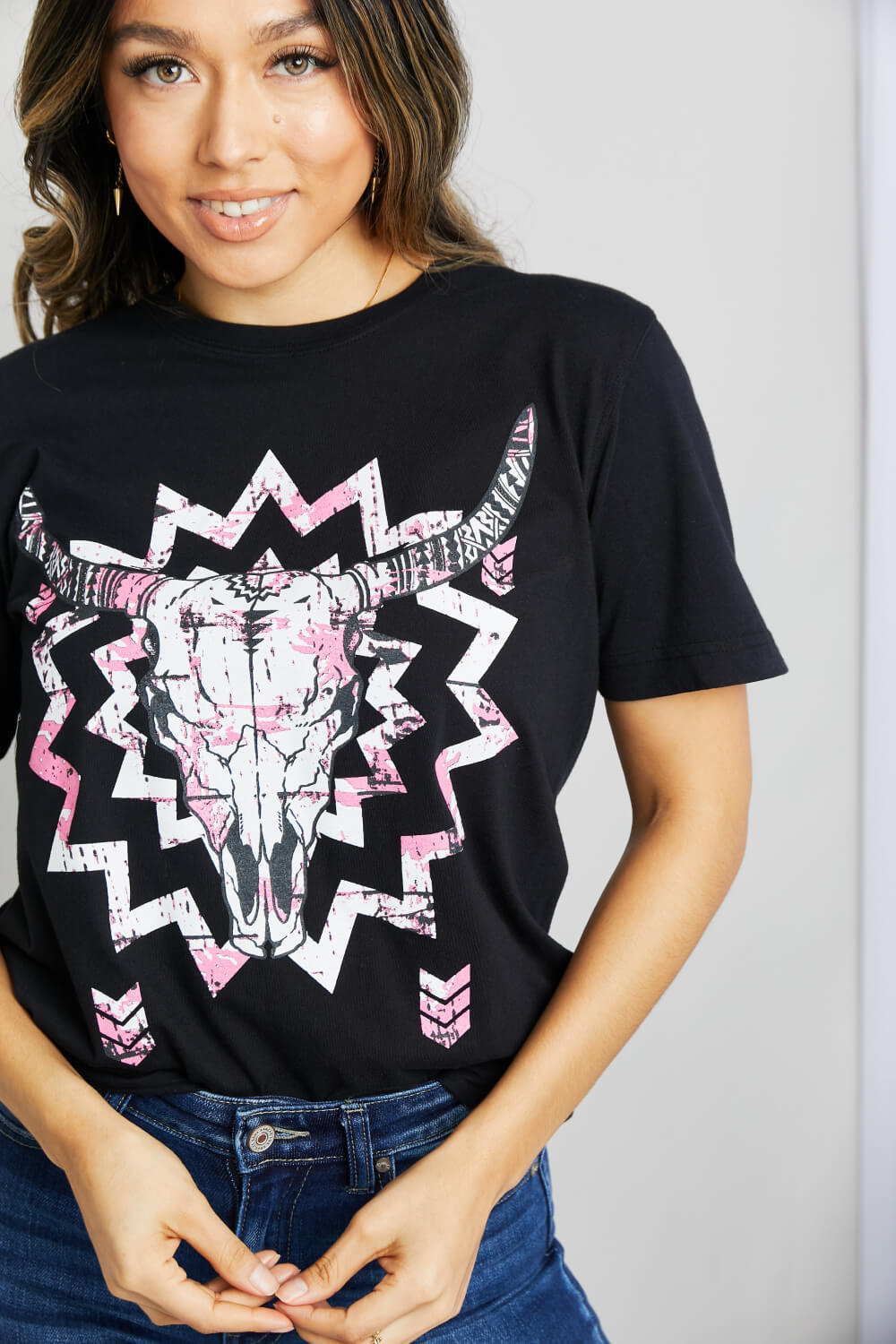 Pink/Black Graphic Round Neck Tee Shirt