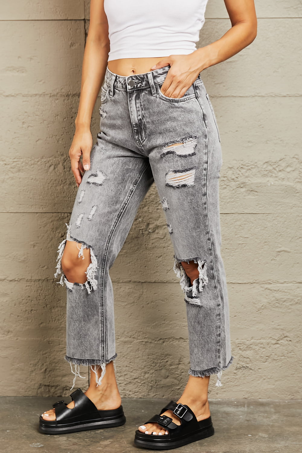 Acid Wash Distressed Straight Jeans