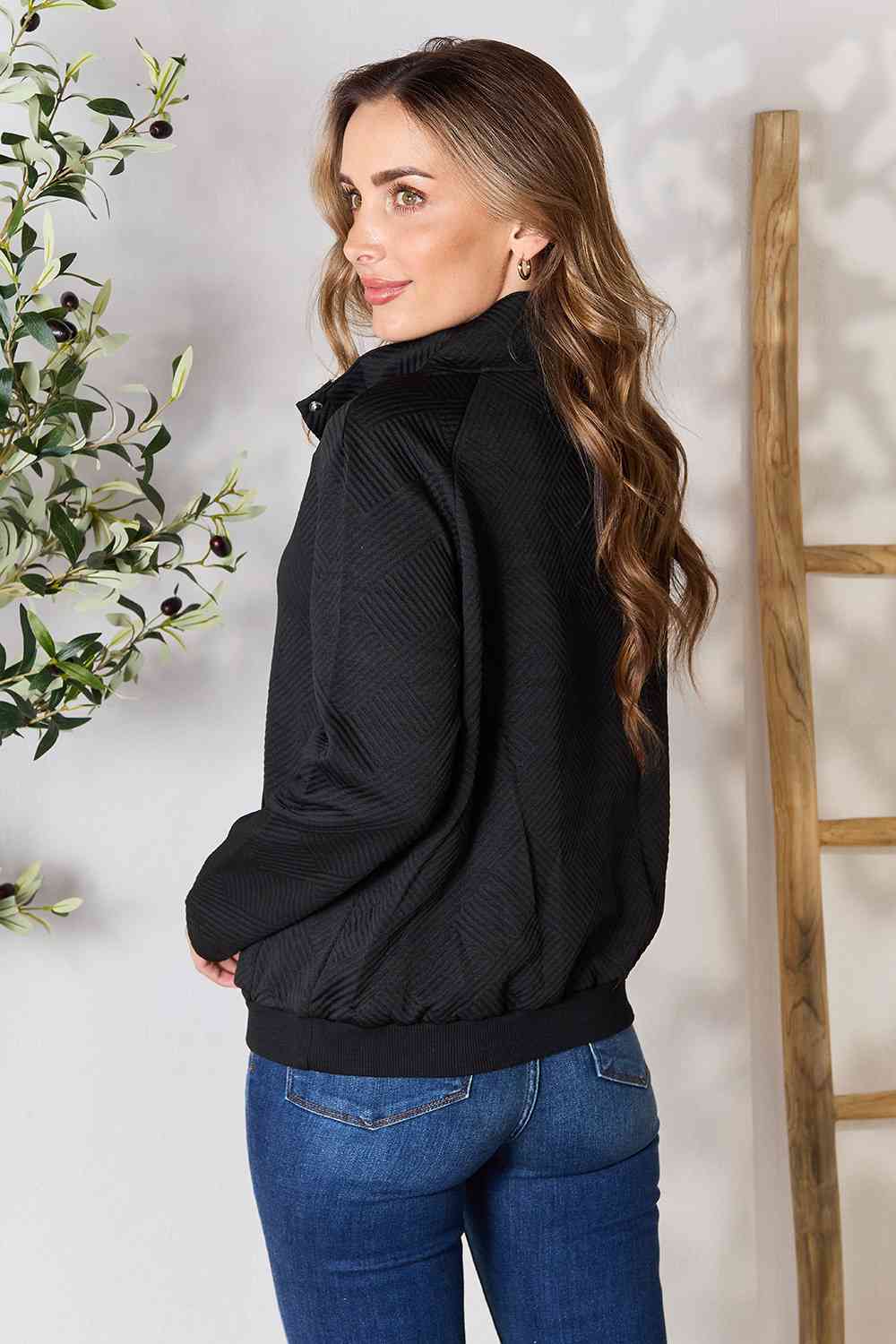 Half Buttoned Collared Neck Sweatshirt with Pocket