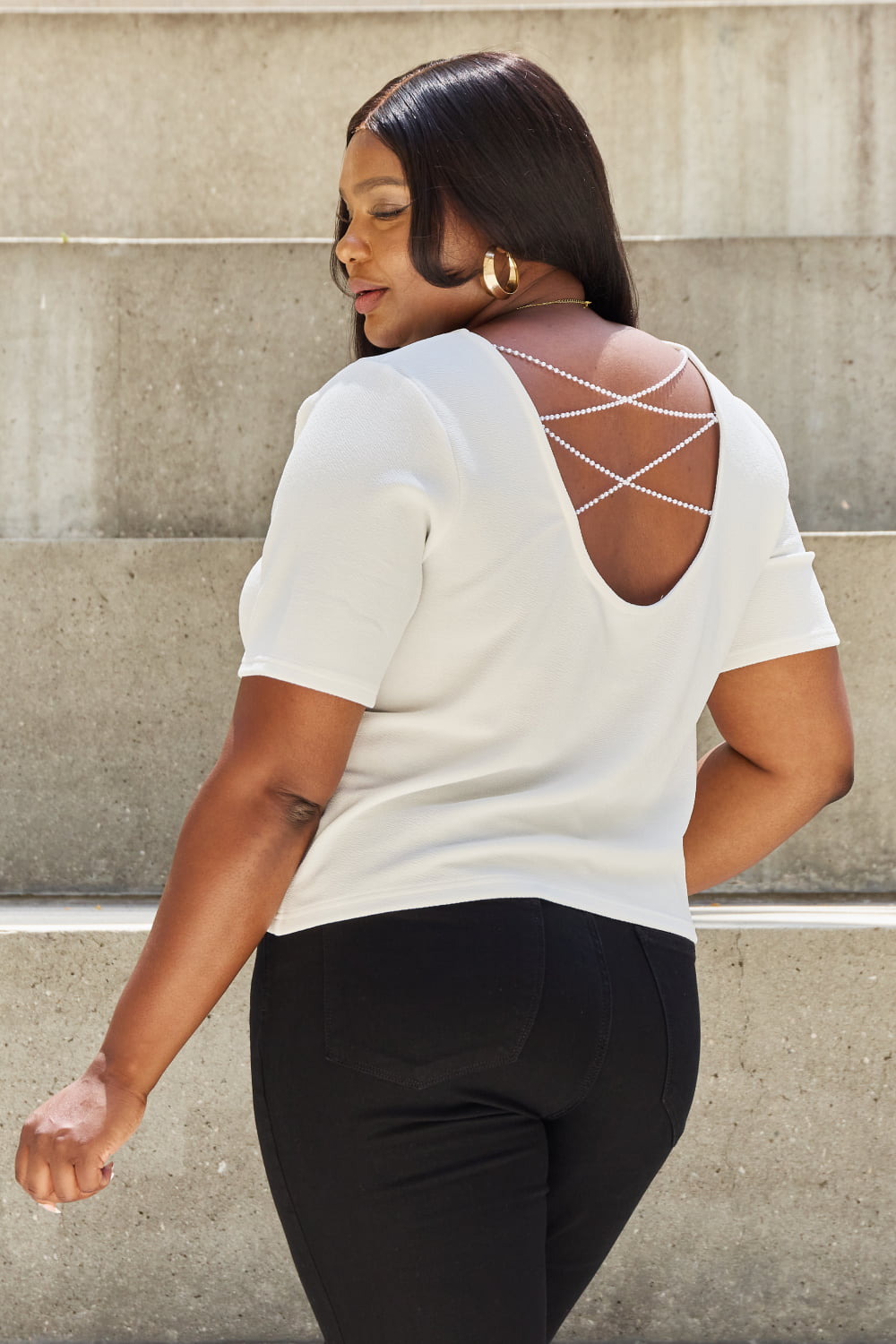 Criss Cross Pearl Detail Open Back T-Shirt