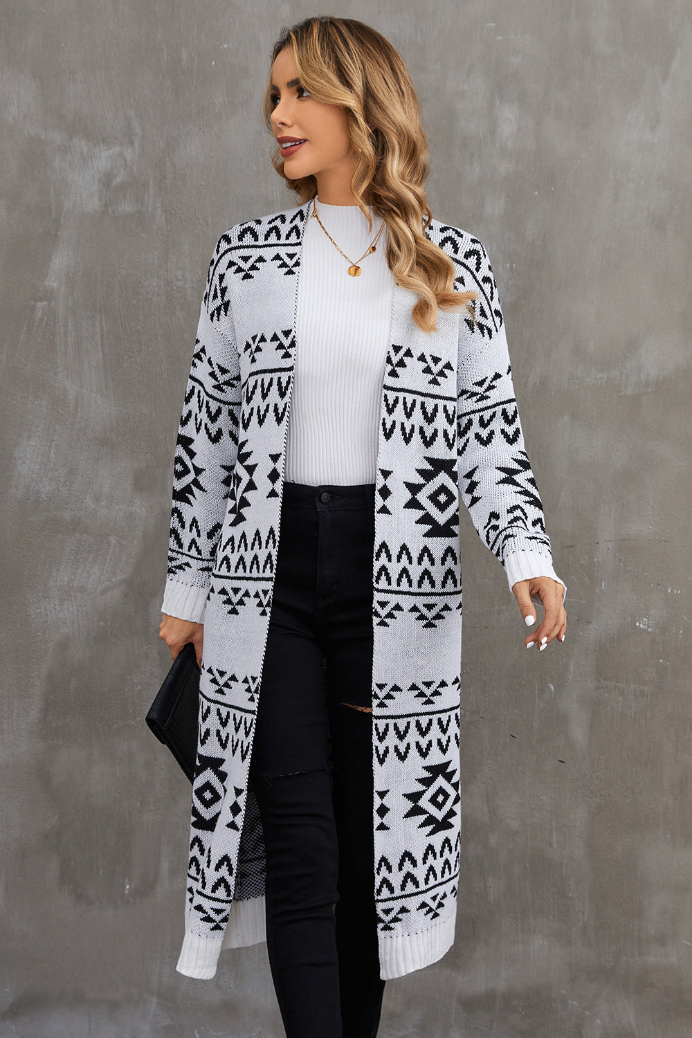 Geometric Open Front Longline Cardigan