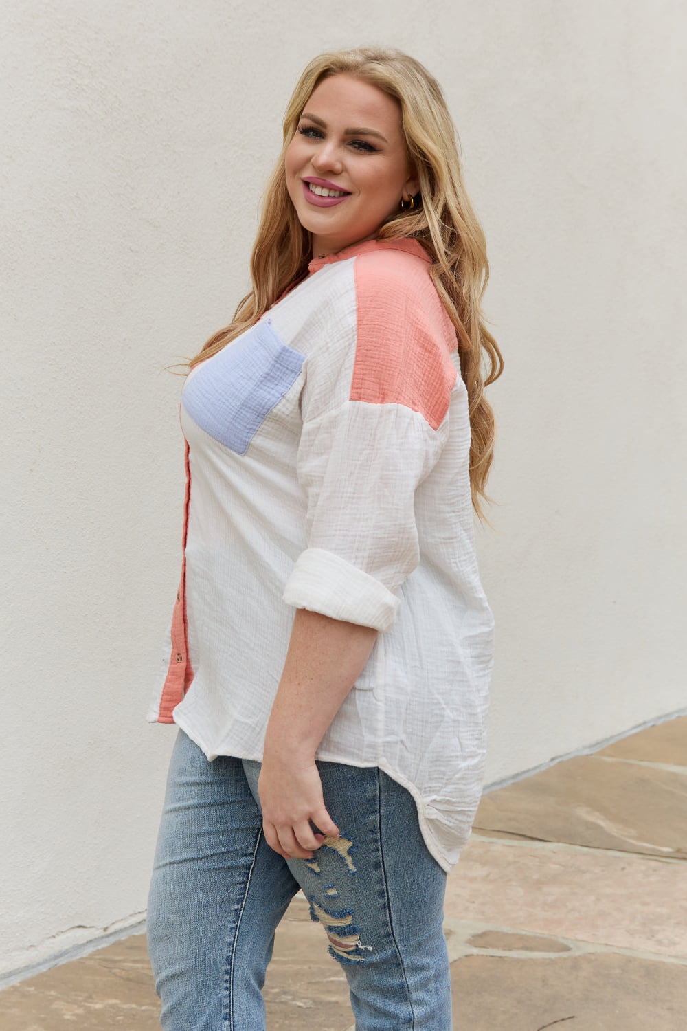 White Birch Color Block Woven Button Down Top