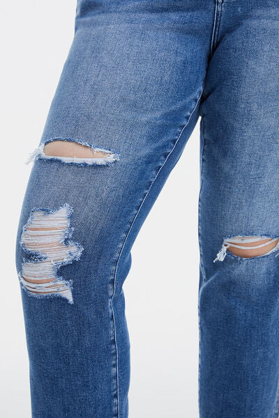 High Waist Distressed Cat's Whiskers Straight Jeans