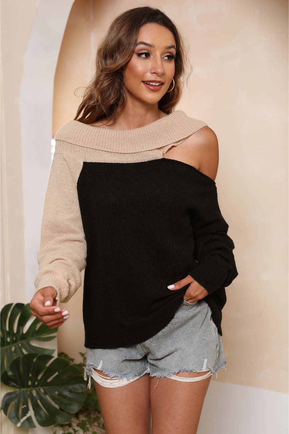 Long Sleeve Two-Tone Cutout Sweater