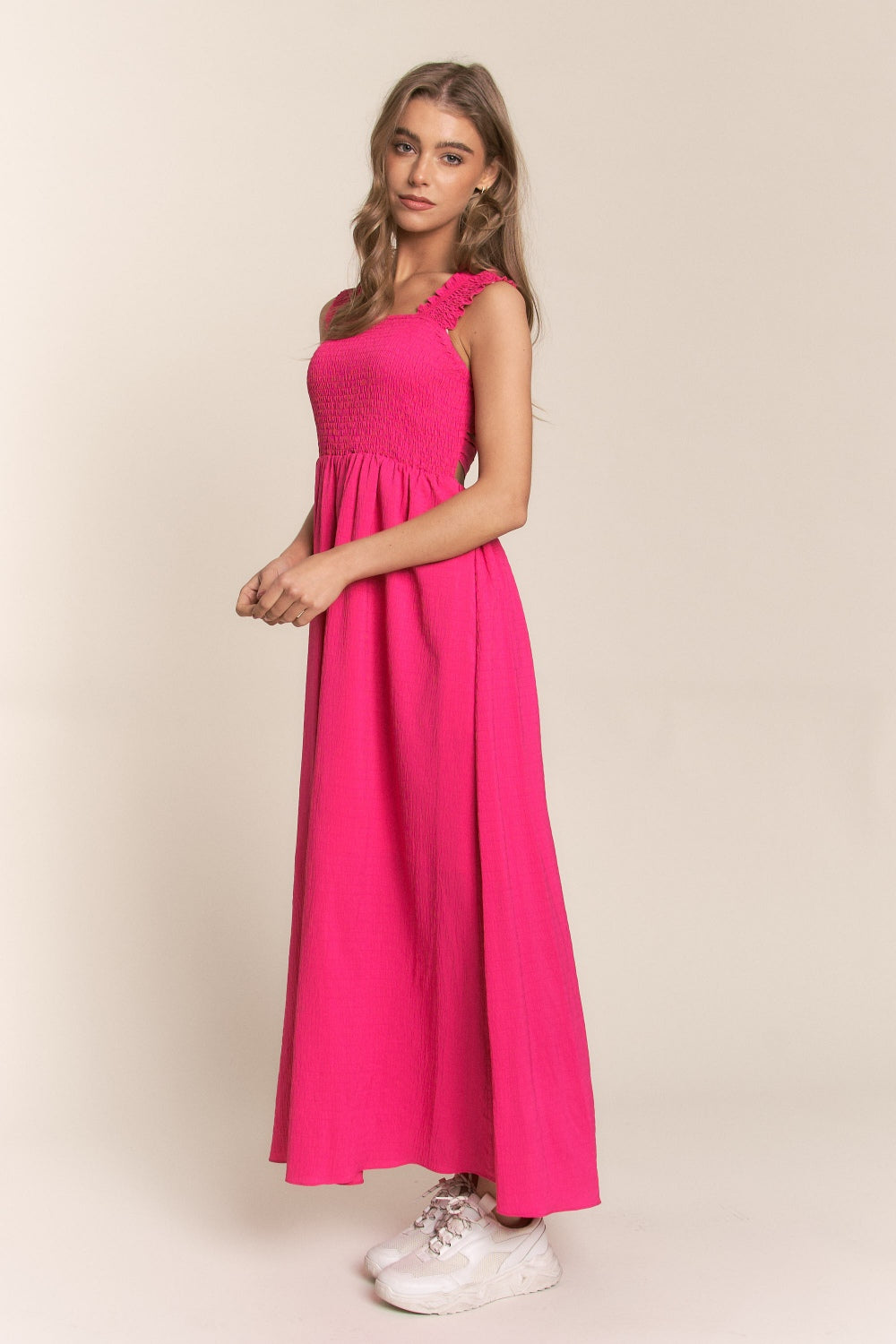 Crisscross Back Tie Smocked Maxi Dress