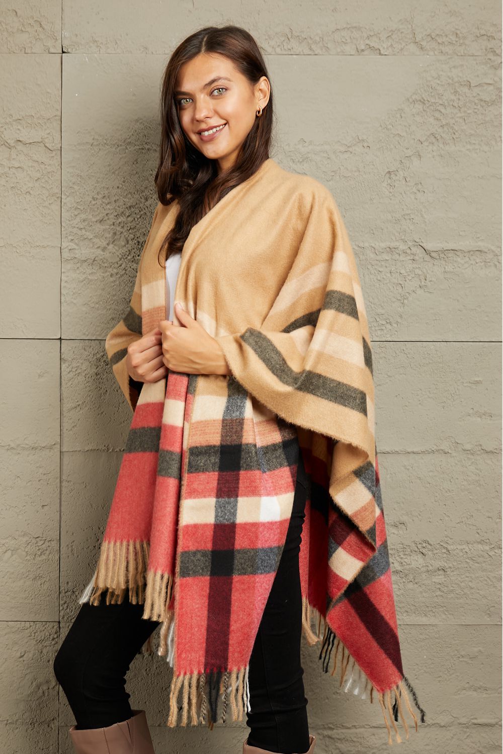 Plaid Shawl Poncho Cardigan