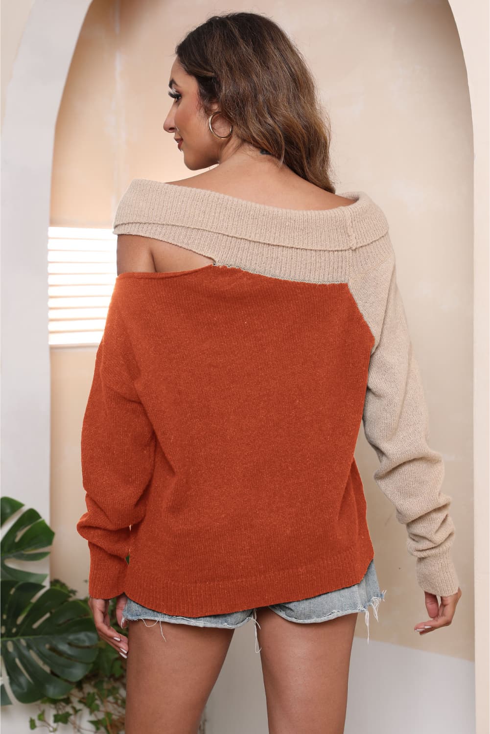 Long Sleeve Two-Tone Cutout Sweater