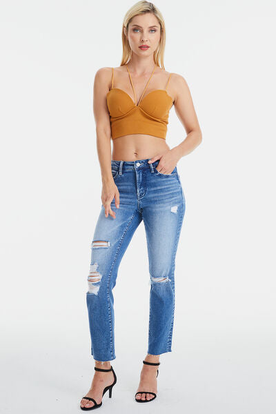 High Waist Distressed Cat's Whiskers Straight Jeans