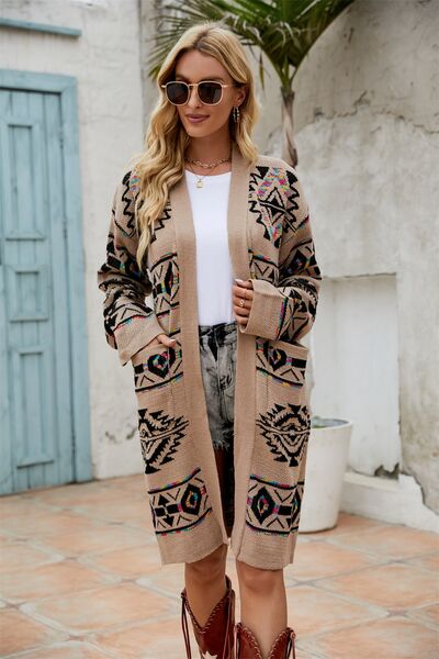 Pocketed Geometric Open Front Cardigan