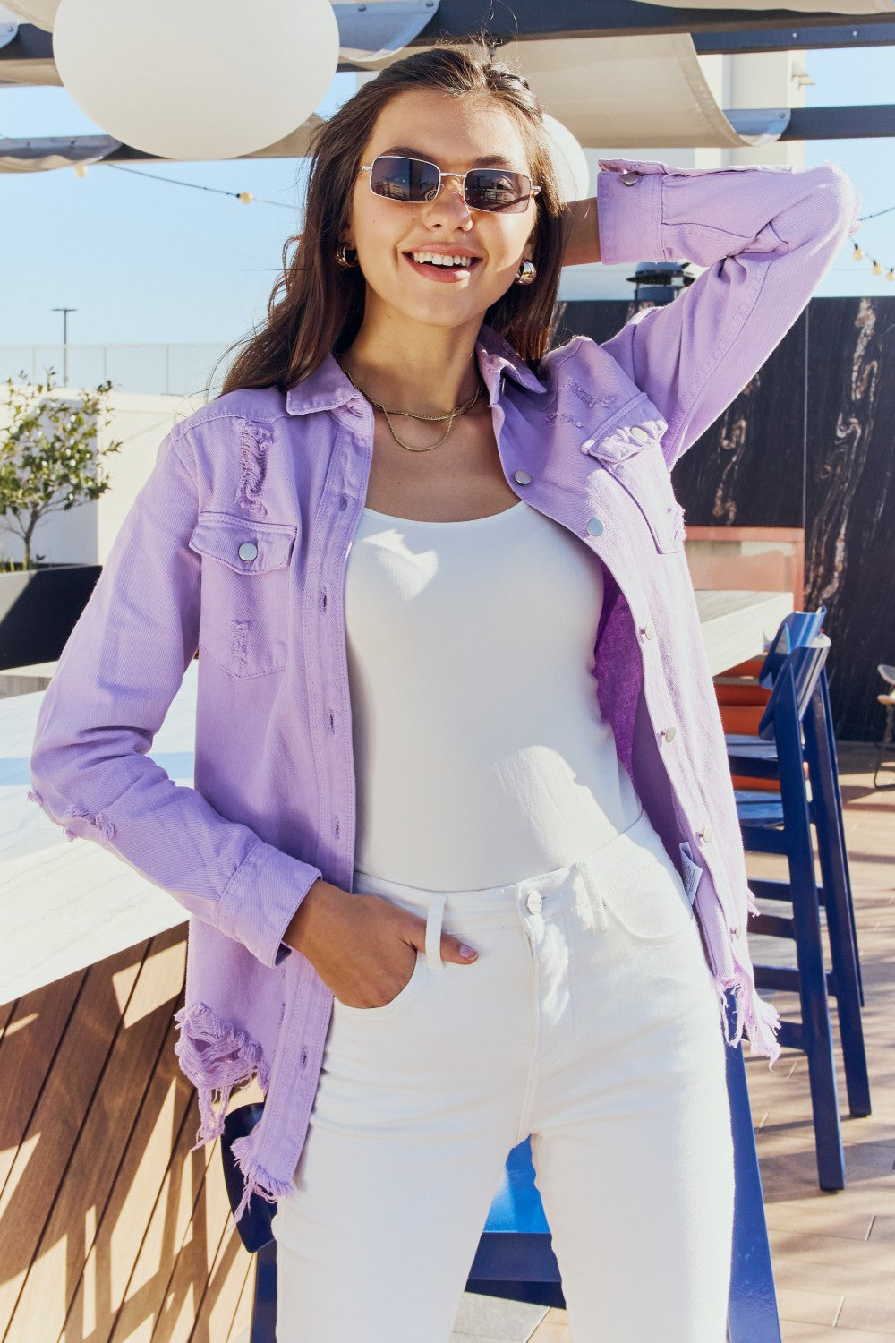 American Bazi Distressed Button Down Denim Jacket in Lavender