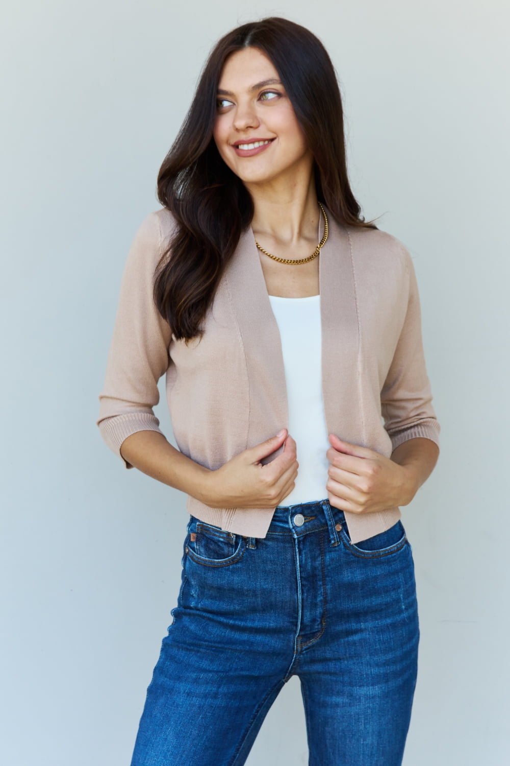 Doublju My Favorite 3/4 Sleeve Cropped Cardigan in Khaki