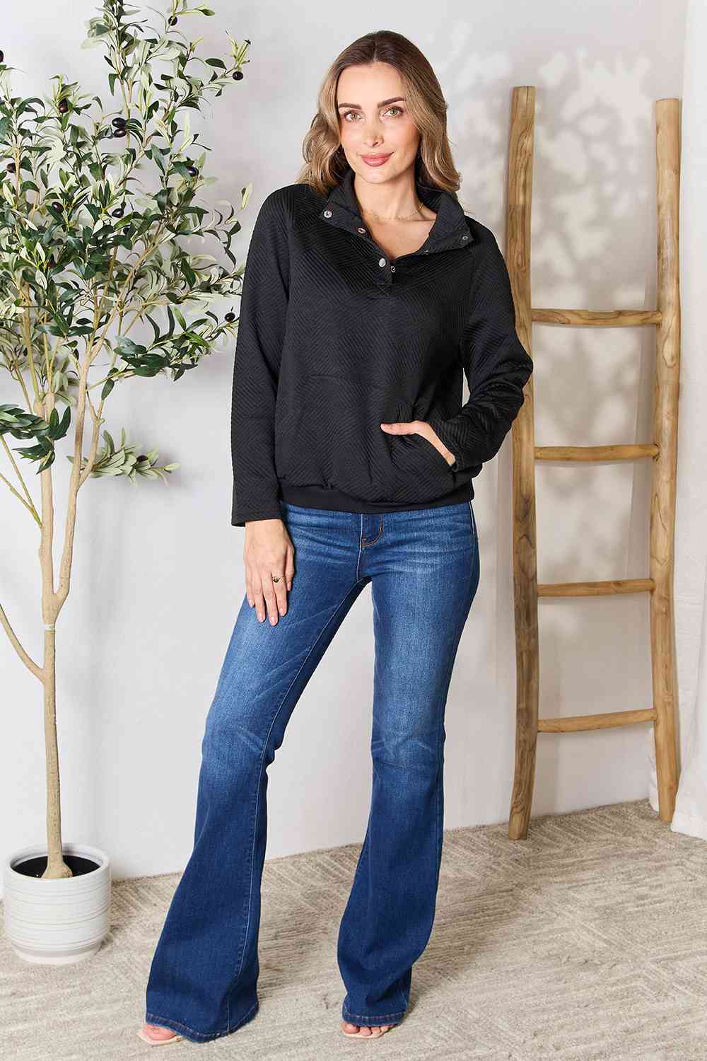 Half Buttoned Collared Neck Sweatshirt with Pocket