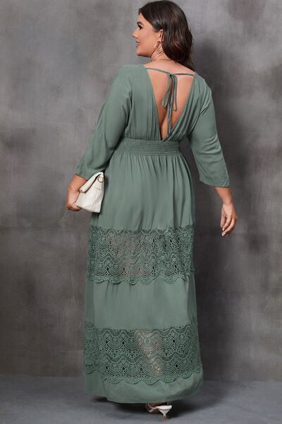 Tied V-Neck Smocked Crochet Maxi Dress