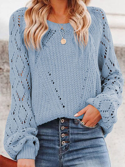 Openwork Round Neck Lantern Sleeve Sweater