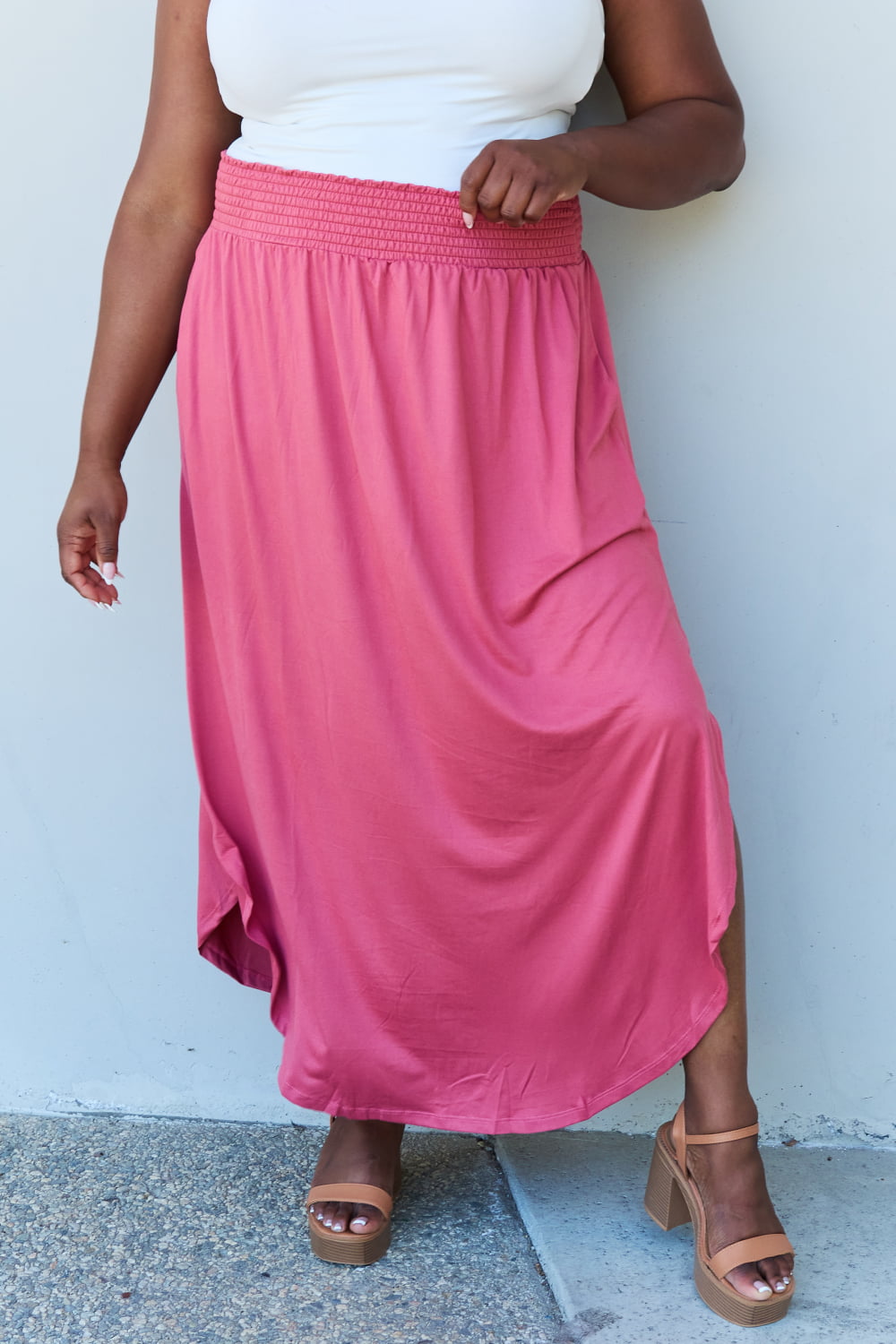 Princess Waist Scoop Hem Maxi Skirt in Hot Pink