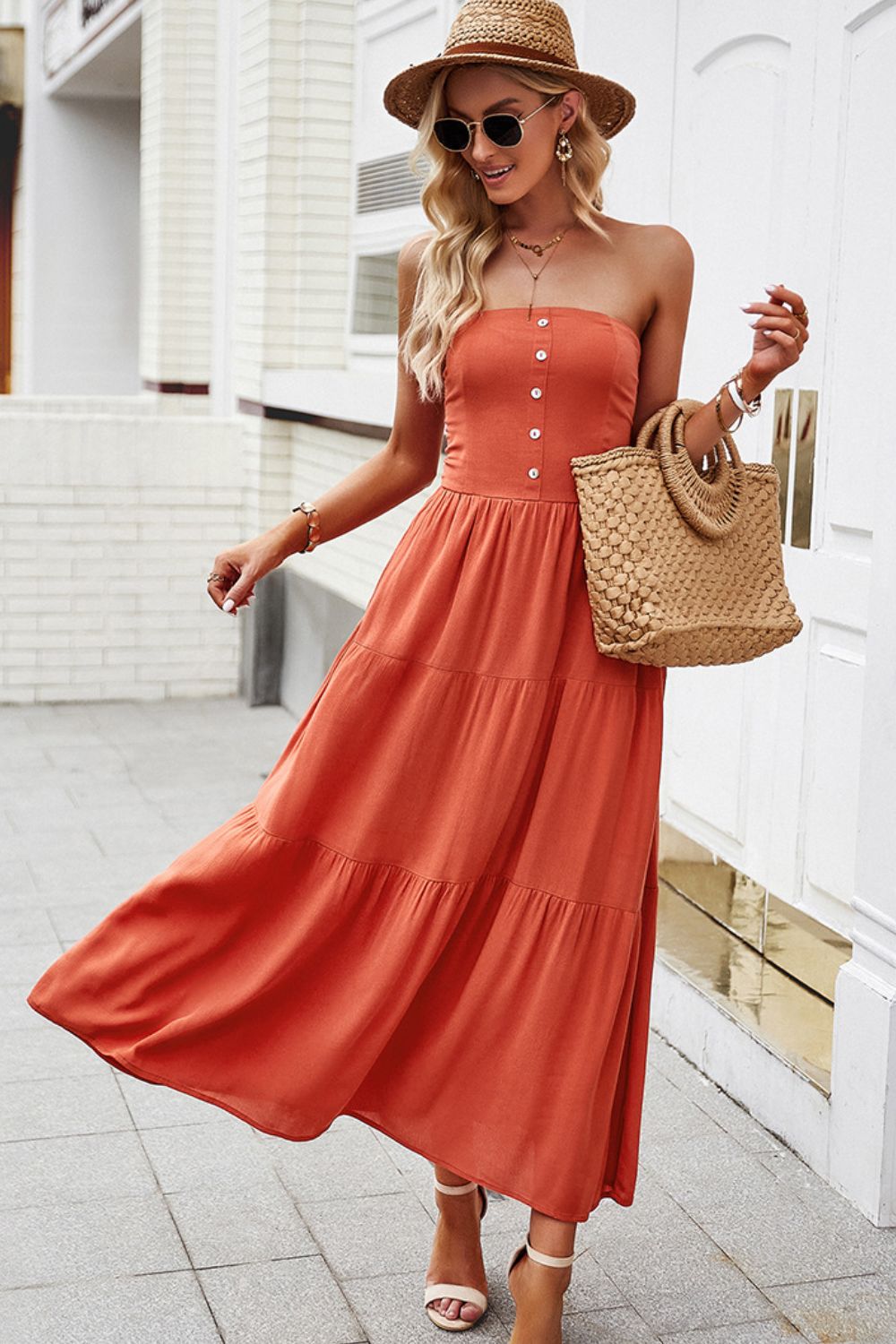 Strapless Buttoned Tiered Dress with Pockets