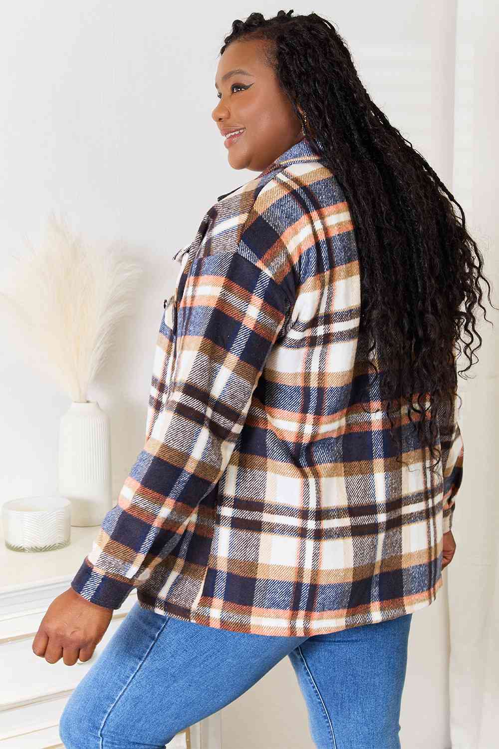 Double Take Plaid Button Front Shirt Jacket