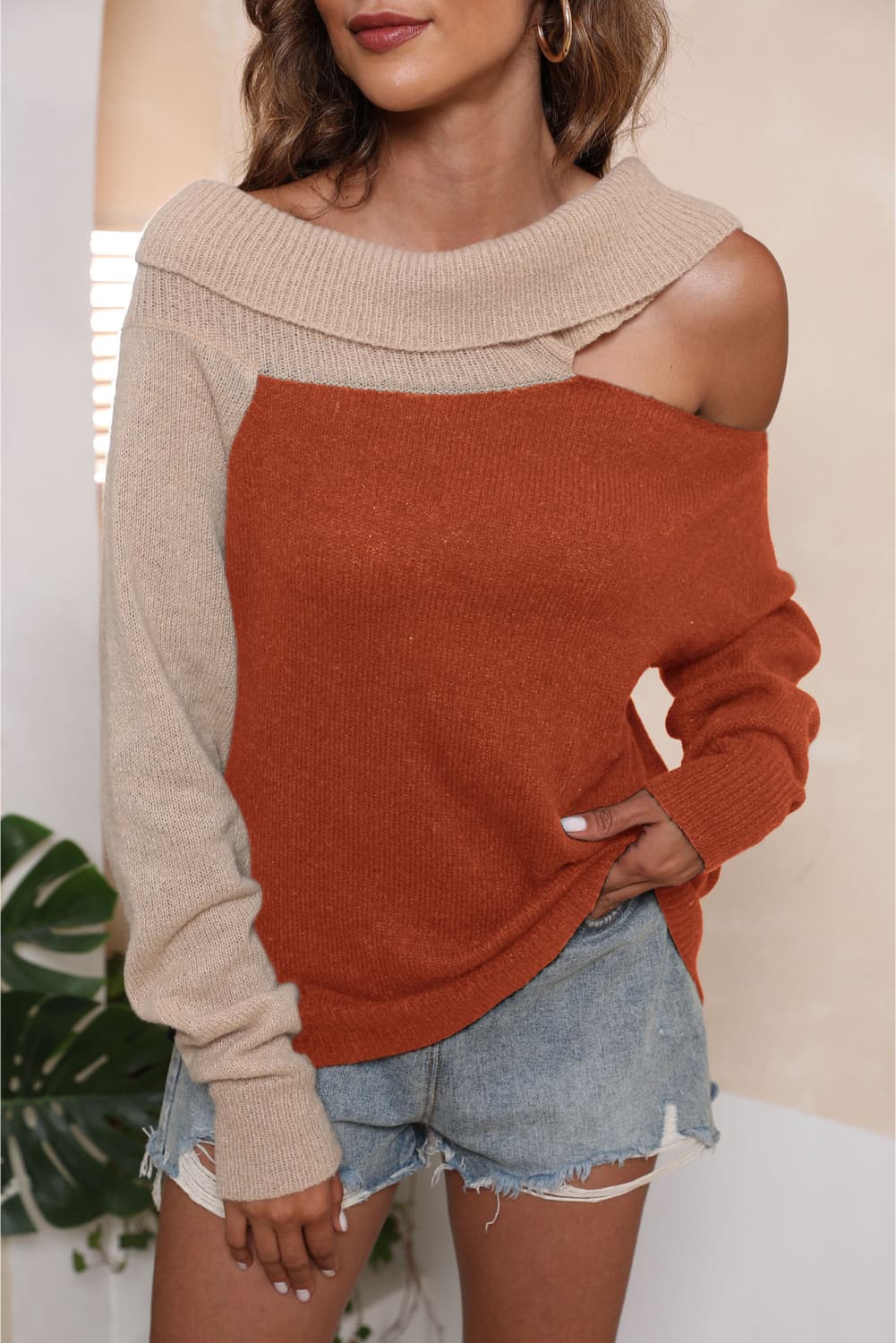 Long Sleeve Two-Tone Cutout Sweater