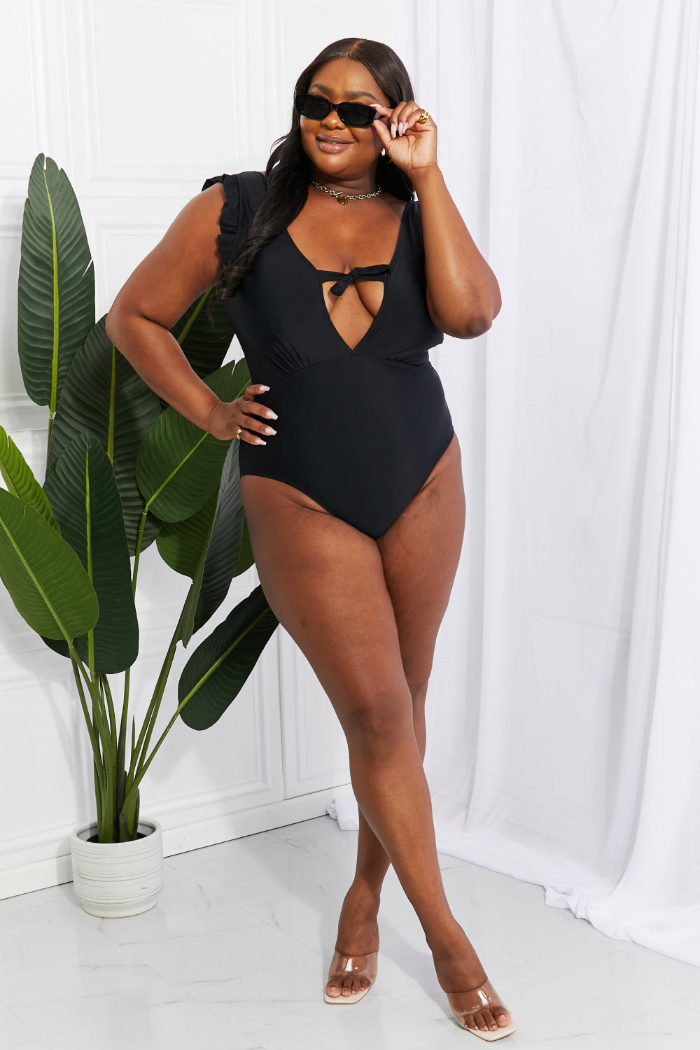 Seashell Ruffle Sleeve One-Piece in Black