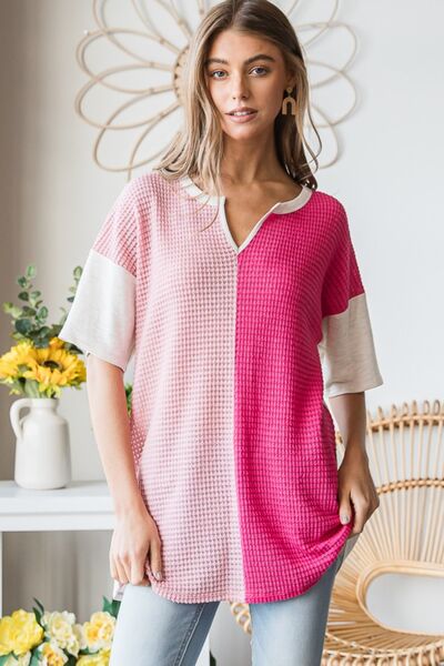 Heimish Contrast Waffle-Knit Half Sleeve Blouse