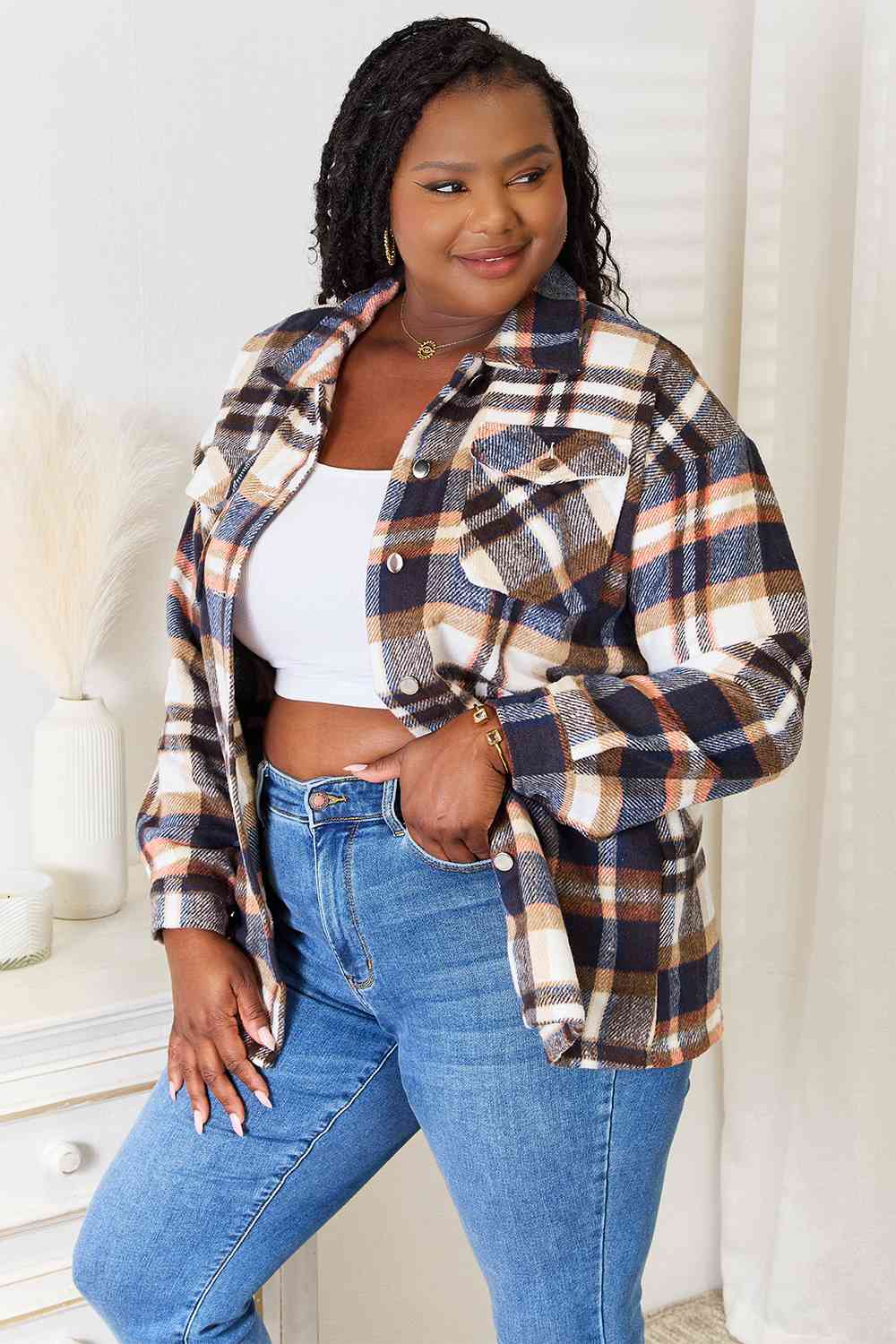 Double Take Plaid Button Front Shirt Jacket