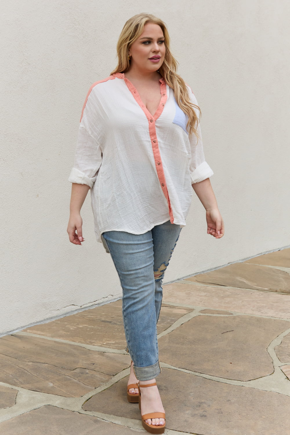 White Birch Color Block Woven Button Down Top